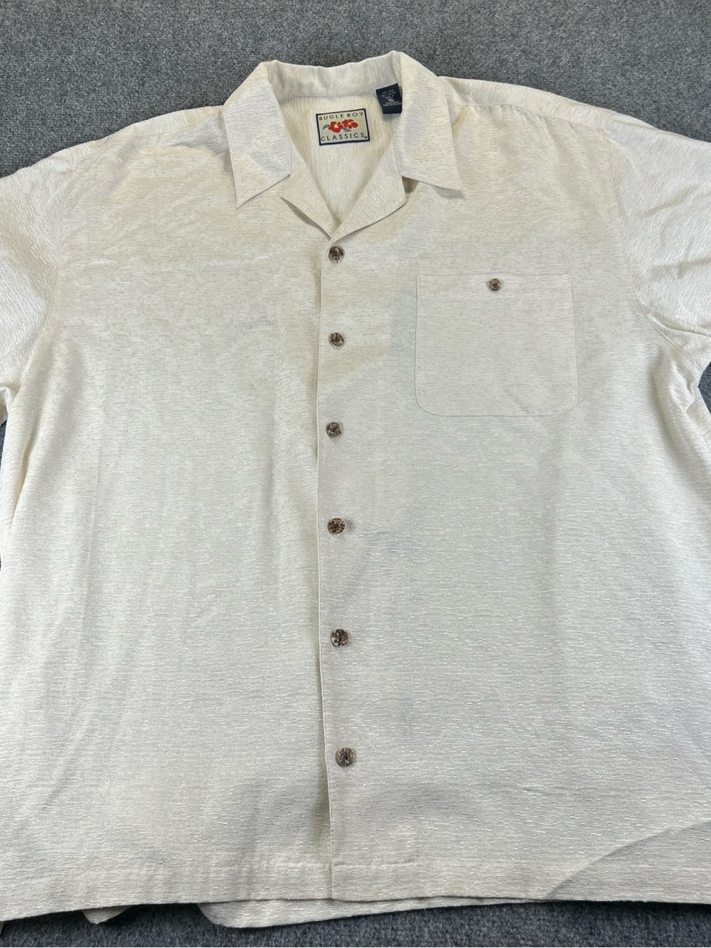 Bugle Boy Cream Short Sleeve Button-Down Camp Shirt sail fish on the back XL